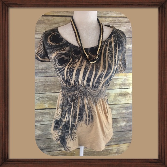 mind code Tops - 🦋Mind Code Peacock Design Tan Boat Neck Top GUC